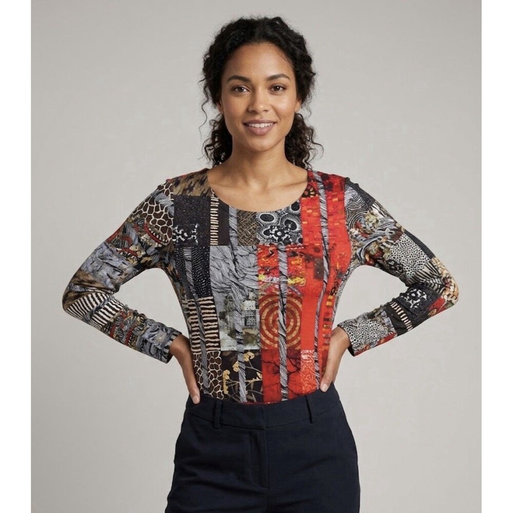 Dolcezza Simply Art Top M Womens Long Sleeve Abstract Patchwork Knit Blouse Art